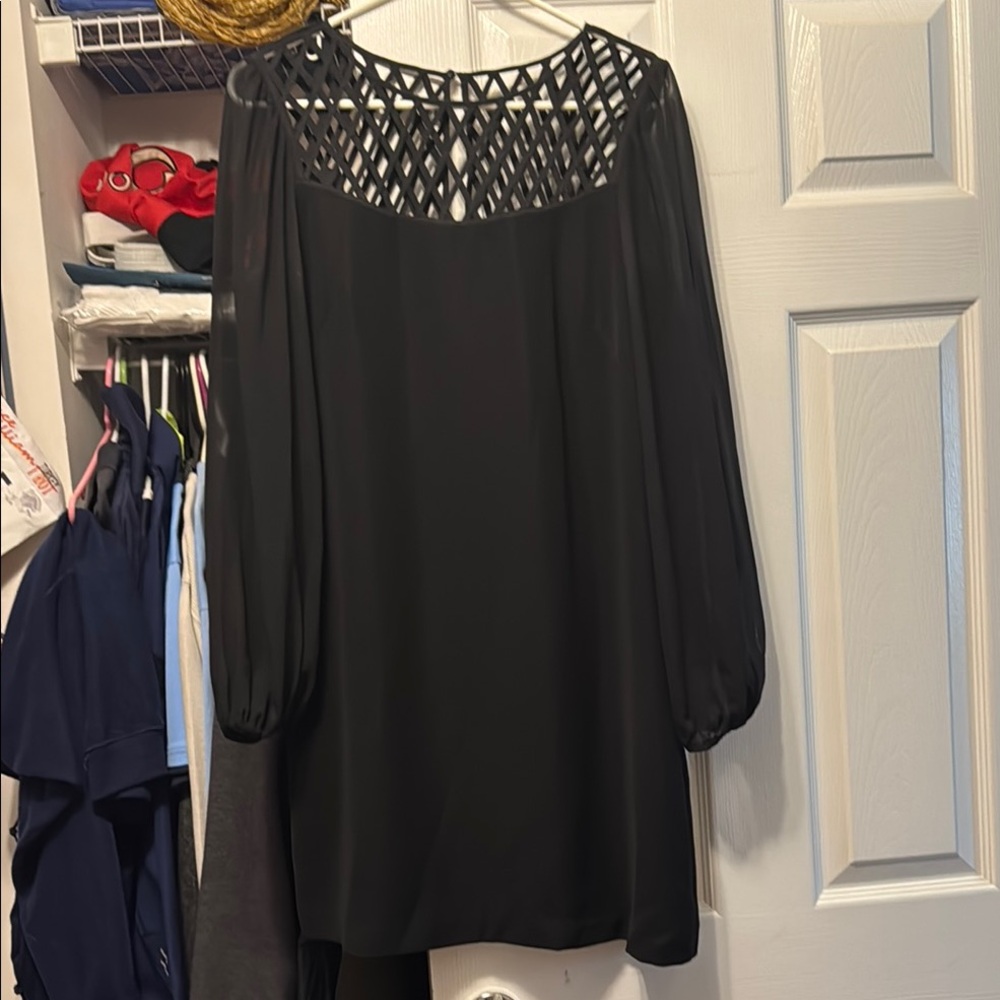 Elegant Black Dress with Lattice Detail. White House Black Market. Size 10